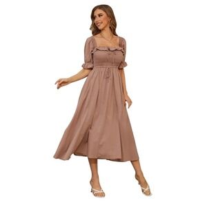 R.YIPOSHA Mauve Pink Swiss Dot Smocked Midi Cottagecore Dress XXL Puff Sleeve